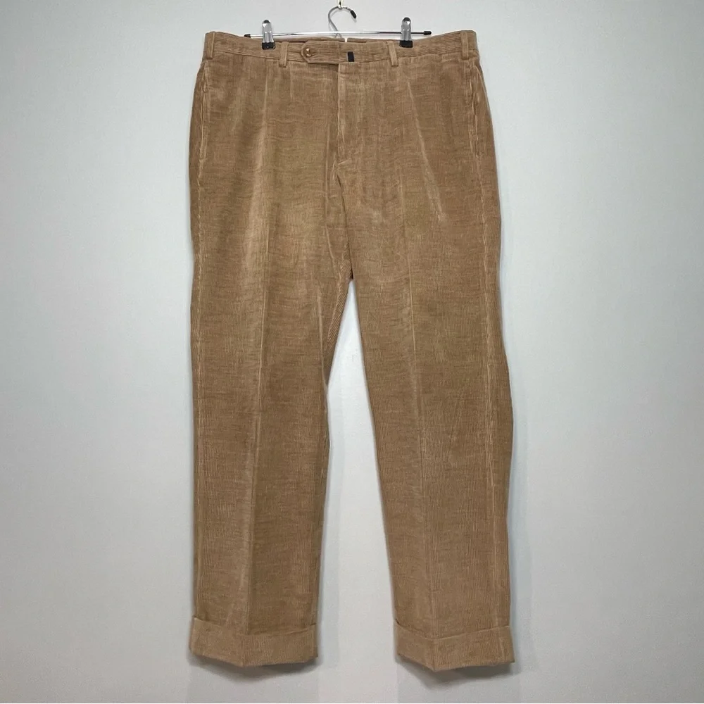 INCOTEX Men's Tan Corduroy Pants Cotton Cashmere Cuff Hem Flat Front Size 38